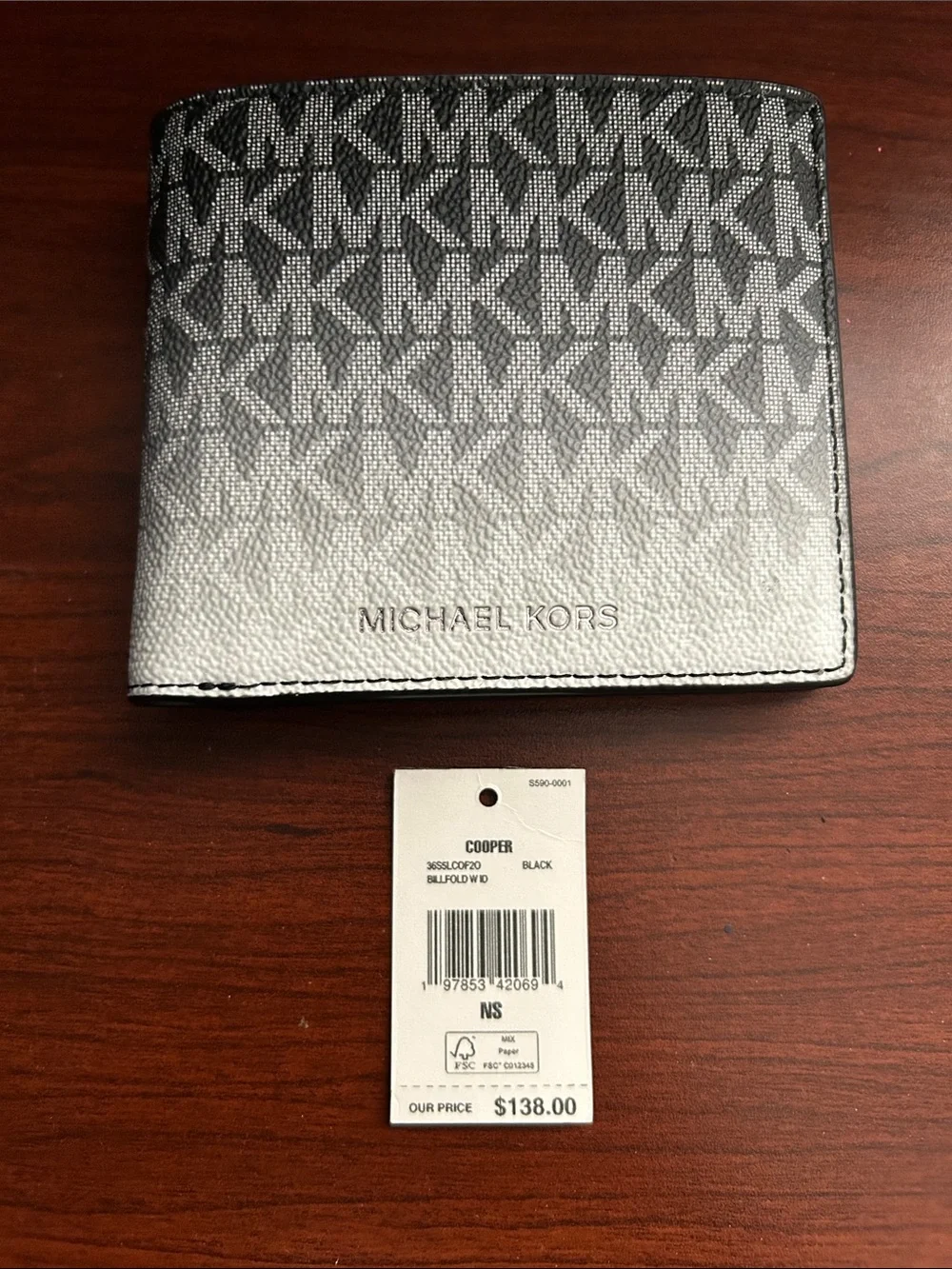 NWT $138 Michael Kors Cooper Black To White OMBRÉ MK Logo Bifold Wallet